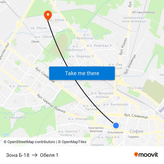 Зона Б-18 to Обеля 1 map