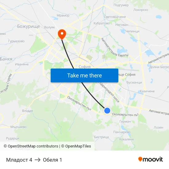 Младост 4 to Обеля 1 map