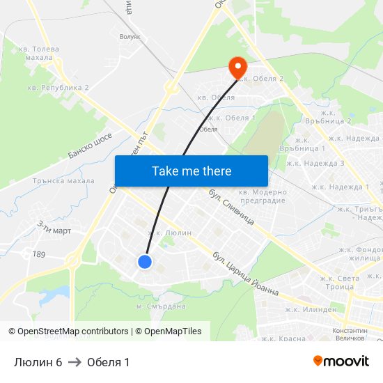 Люлин 6 to Обеля 1 map