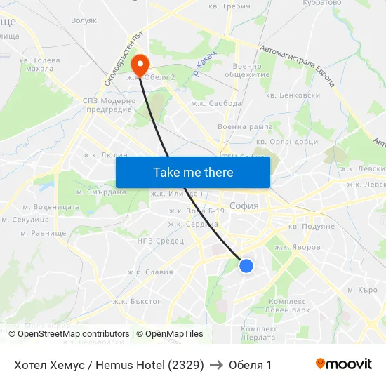 Ⓜ️ Хотел Хемус / Hemus Hotel (2329) to Обеля 1 map