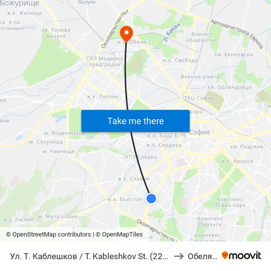 Ул. Т. Каблешков / T. Kableshkov St. (2213) to Обеля 1 map