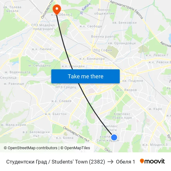 Студентски Град / Students' Town (2382) to Обеля 1 map