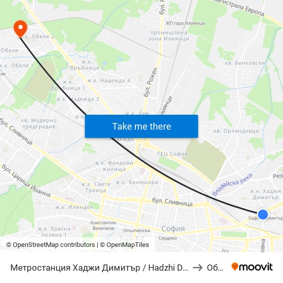 Метростанция Хаджи Димитър / Hadzhi Dimitar Metro Station (0303) to Обеля 1 map