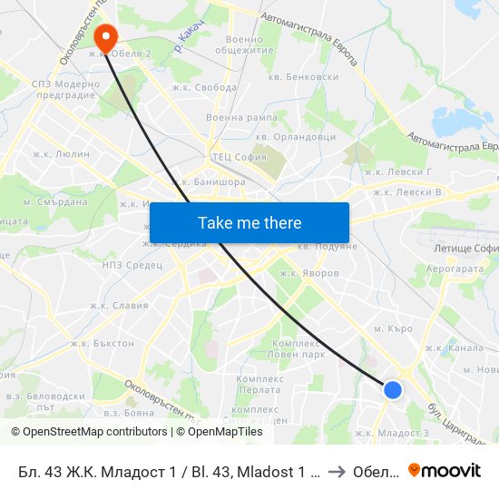 Бл. 43 Ж.К. Младост 1 / Bl. 43, Mladost 1 Qr. (0218) to Обеля 1 map