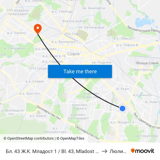 Бл. 43 Ж.К. Младост 1 / Bl. 43, Mladost 1 Qr. (0218) to Люлин 10 map