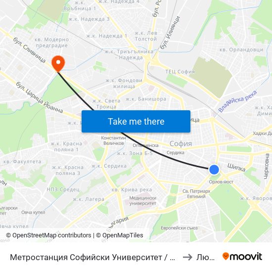 Метростанция Софийски Университет / Sofia University Metro Station (2827) to Люлин 10 map