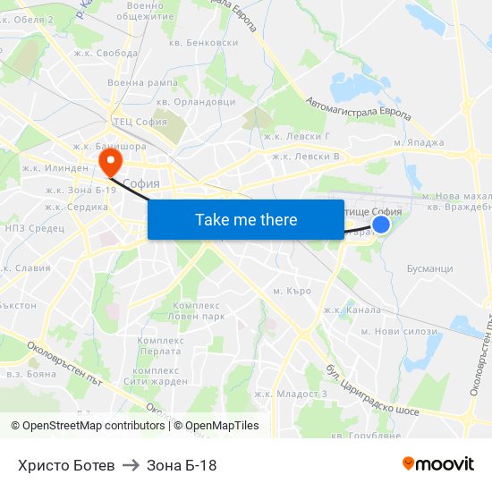 Христо Ботев to Зона Б-18 map