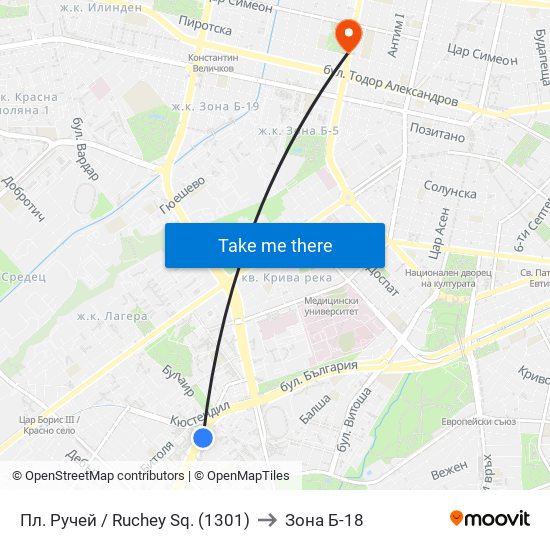 Пл. Ручей / Ruchey Sq. (1301) to Зона Б-18 map