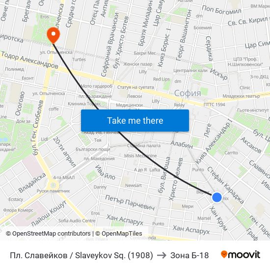 Пл. Славейков / Slaveykov Sq. (1908) to Зона Б-18 map