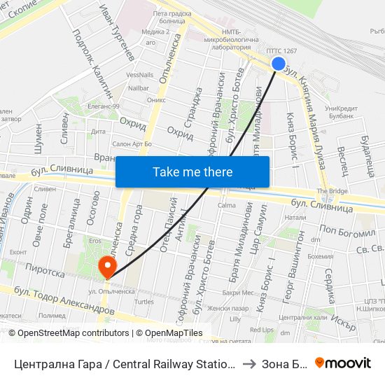 Централна Гара / Central Railway Station (1327) to Зона Б-18 map