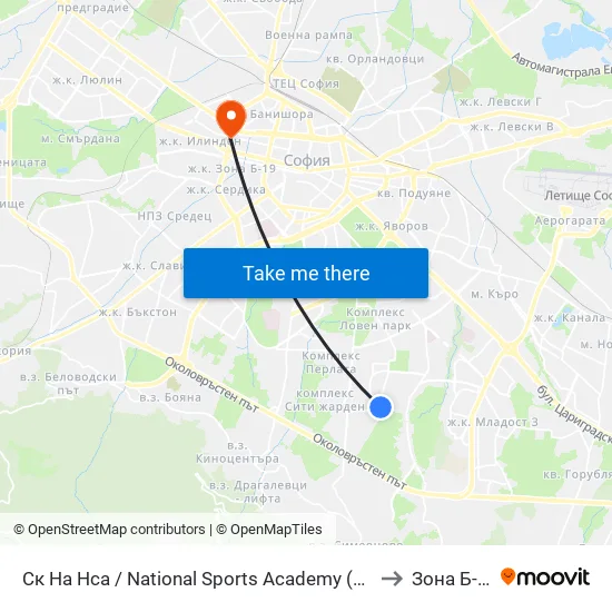 Ск На Нса / National Sports Academy (1609) to Зона Б-19 map