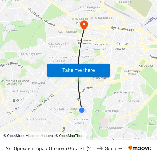 Ул. Орехова Гора / Orehova Gora St. (2089) to Зона Б-19 map