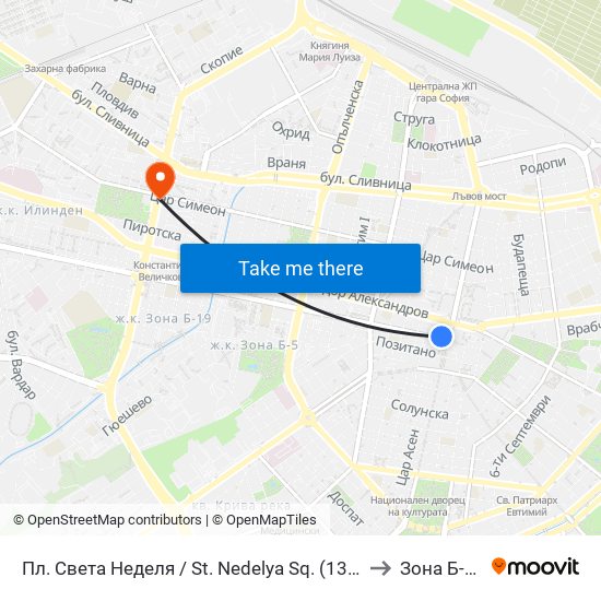 Пл. Света Неделя / St. Nedelya Sq. (1308) to Зона Б-19 map