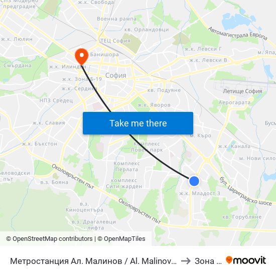 Метростанция Ал. Малинов / Al. Malinov Metro Station (0169) to Зона Б-19 map