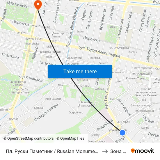 Пл. Руски Паметник / Russian Monument Sq. (1296) to Зона Б-19 map