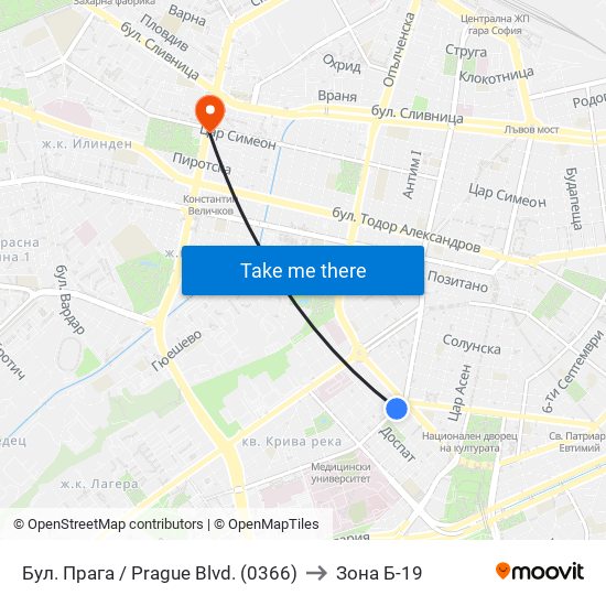 Бул. Прага / Prague Blvd. (0366) to Зона Б-19 map