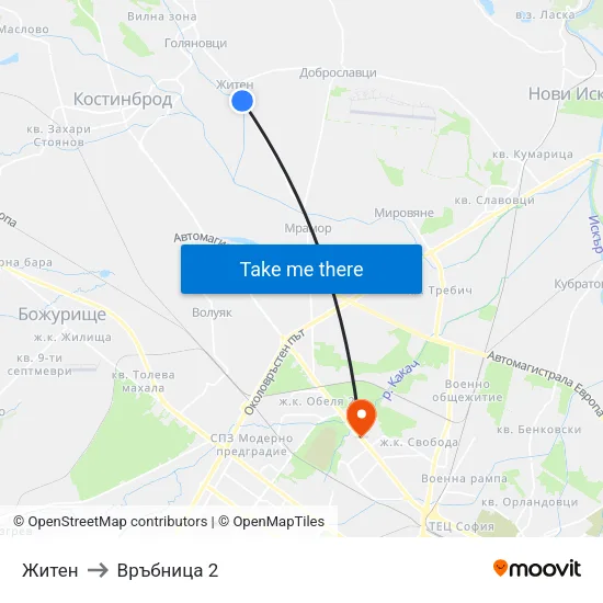 Житен to Връбница 2 map