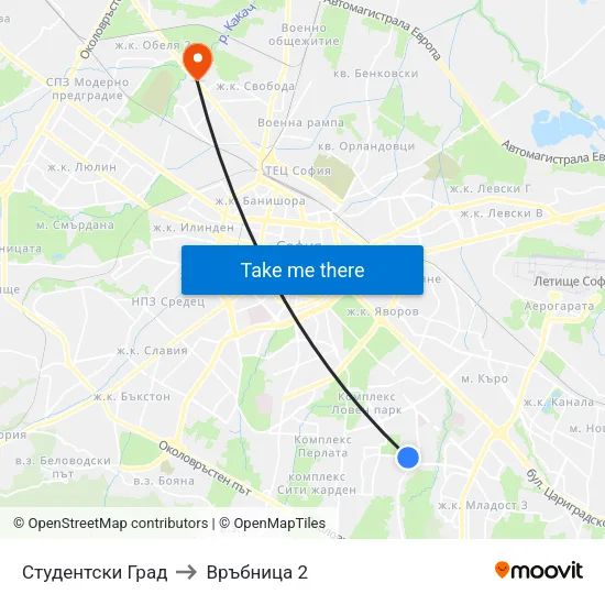 Студентски Град to Връбница 2 map