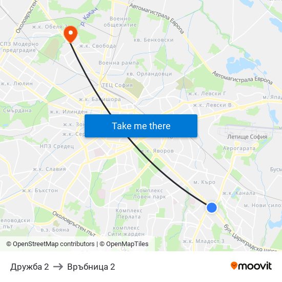 Дружба 2 to Връбница 2 map