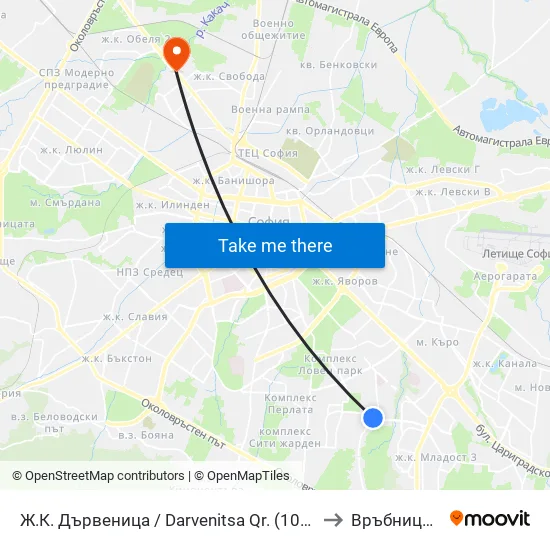 Ж.К. Дървеница / Darvenitsa Qr. (1012) to Връбница 2 map