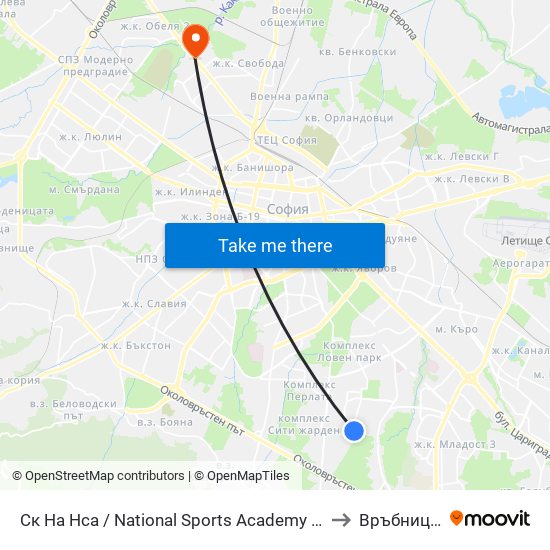 Ск На Нса / National Sports Academy (1609) to Връбница 2 map