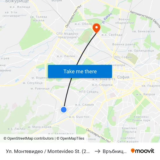 Ул. Монтевидео / Montevideo St. (2050) to Връбница 2 map