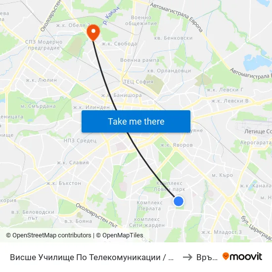 Висше Училище По Телекомуникации / University Of Telecommunications And Post (1397) to Връбница 2 map