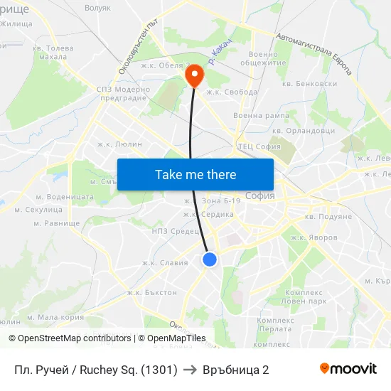 Пл. Ручей / Ruchey Sq. (1301) to Връбница 2 map
