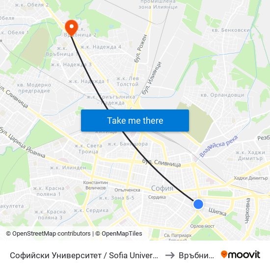 Софийски Университет / Sofia University (1699) to Връбница 2 map