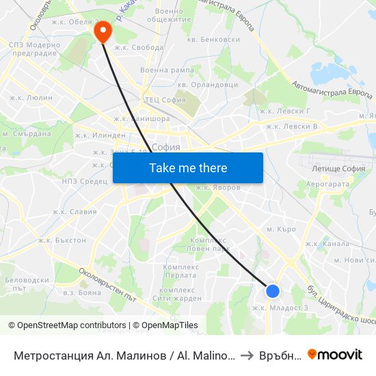 Метростанция Ал. Малинов / Al. Malinov Metro Station (0169) to Връбница 2 map