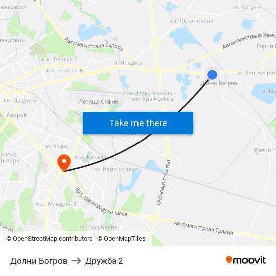 Долни Богров to Дружба 2 map
