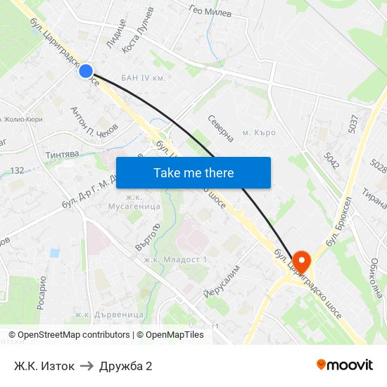 Ж.К. Изток to Дружба 2 map