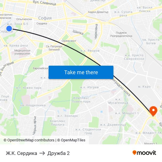 Ж.К. Сердика to Дружба 2 map