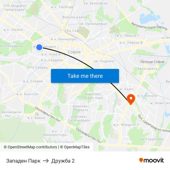 Западен Парк to Дружба 2 map
