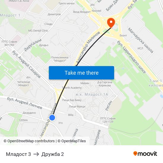 Младост 3 to Дружба 2 map