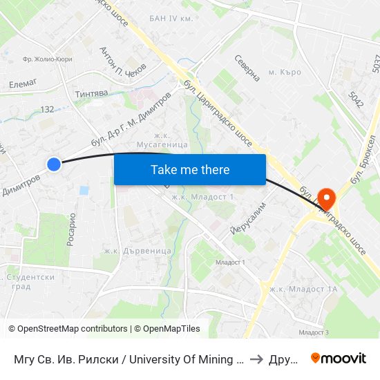 Мгу Св. Ив. Рилски / University Of Mining And Geology (1033) to Дружба 2 map