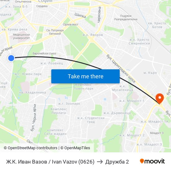 Ж.К. Иван Вазов / Ivan Vazov (0626) to Дружба 2 map