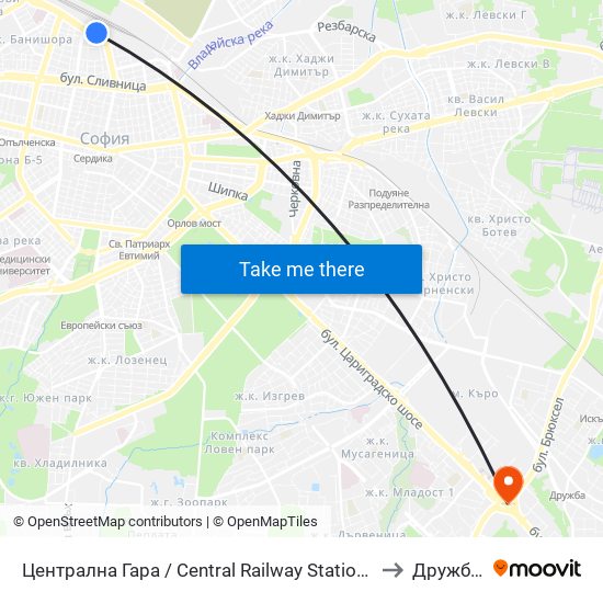 Централна Гара / Central Railway Station (1327) to Дружба 2 map