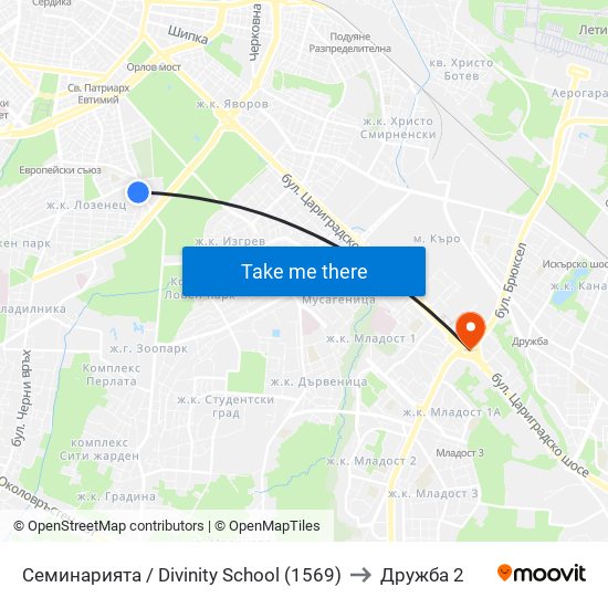 Семинарията / Divinity School (1569) to Дружба 2 map