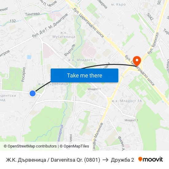 Ж.К. Дървеница / Darvenitsa Qr. (0801) to Дружба 2 map