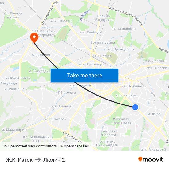 Ж.К. Изток to Люлин 2 map
