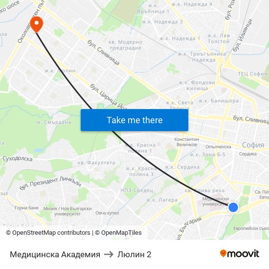 Медицинска Академия to Люлин 2 map