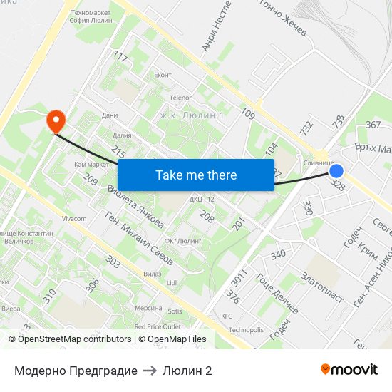 Модерно Предградие to Люлин 2 map