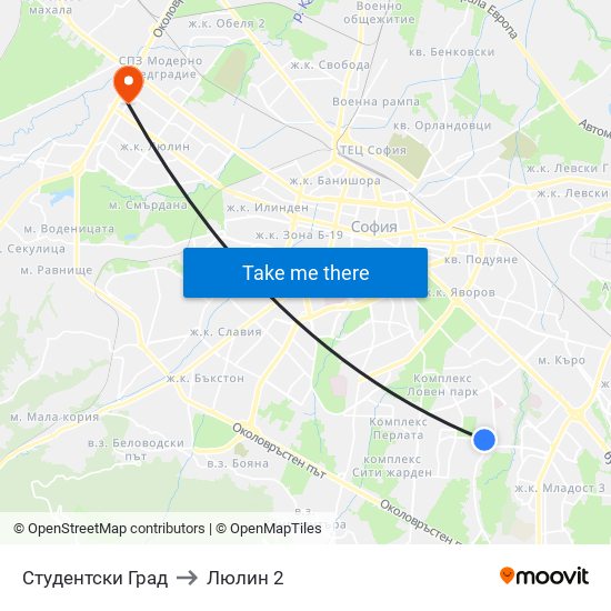 Студентски Град to Люлин 2 map