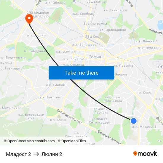 Младост 2 to Люлин 2 map