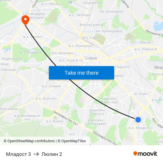 Младост 3 to Люлин 2 map