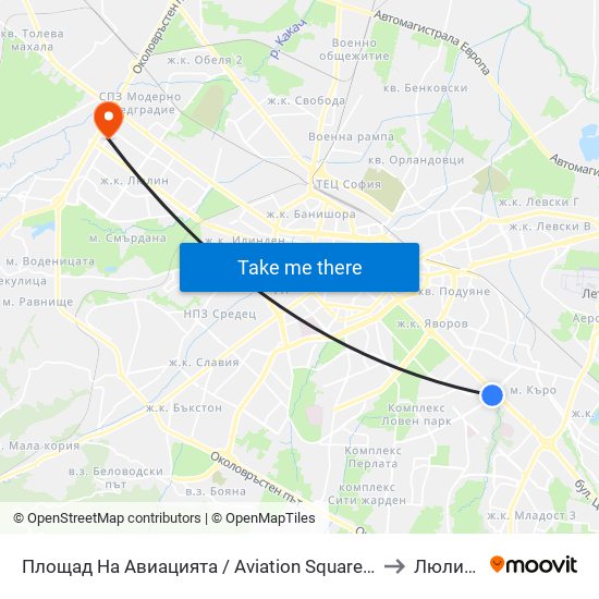 Площад На Авиацията / Aviation Square (1257) to Люлин 2 map