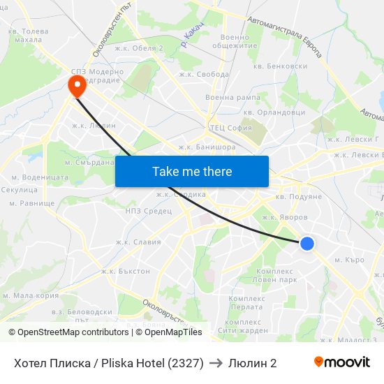 Хотел Плиска / Pliska Hotel (2327) to Люлин 2 map