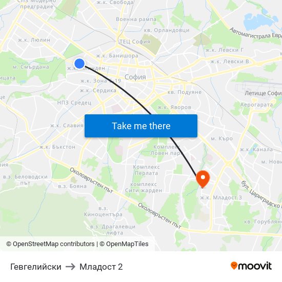 Гевгелийски to Младост 2 map