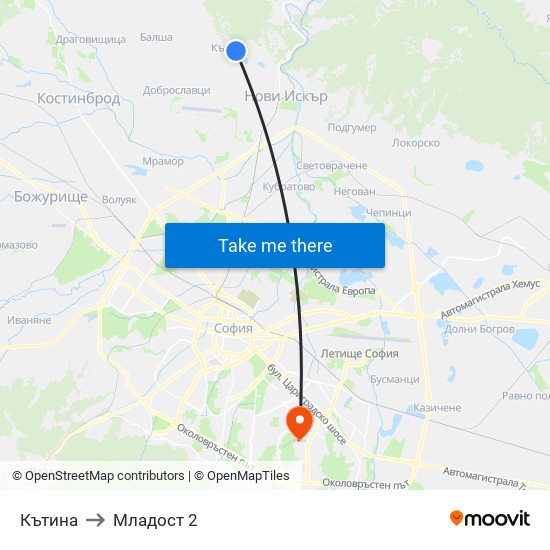 Кътина to Младост 2 map